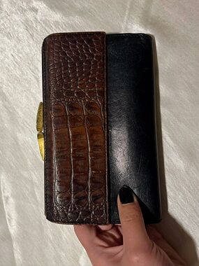 Vintage Genuine Leather Croc Embossed Organizer Wallet Kiss Lock Coin Pouch